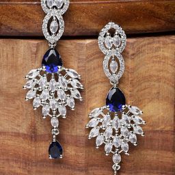 ZENEME Rhodium-Plated American Diamond Studded Spiked Shaped Drop Earrings-3