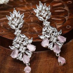 ZENEME Rhodium-Plated American Diamond studded Spiked Shaped Drop Earrings-46