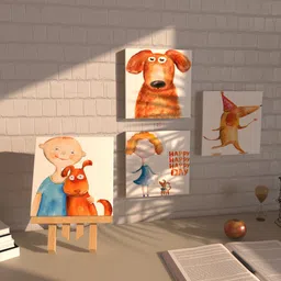 Art Street Set Of 4 Peach-Coloured & White Kids With Cartoon Strech Canvas Wall Arts With 1 Stand-12