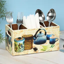 DULI Yellow & Blue Printed MDF Wooden Cutlery Holder With 3 Sections-24