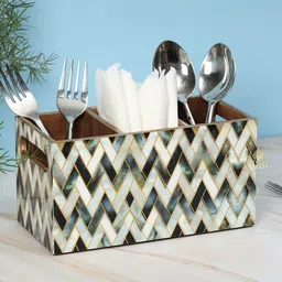 DULI Off-White & Grey Geometric Printed MDF Wooden Pen Stand With 3 Sections-44