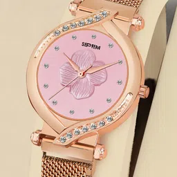 Septem Women Pink Embellished Dial & Rose Gold Toned Stainless Steel Bracelet Style Straps Analogue Watch-image-65