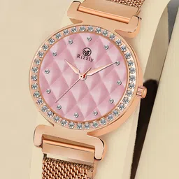 Septem Women Pink Embellished Dial & Rose Gold Toned Stainless Steel Bracelet Style Straps Analogue Watch-image-112