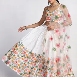 Warthy Ent White & Red Embroidered Thread Work Semi-Stitched Lehenga & Unstitched Blouse With Dupatta-picture-0