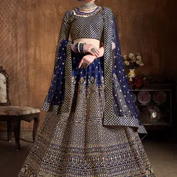 FABPIXEL Women Navy Blue & Gold Embroidered  Semi-Stitched Lehenga Choli Set-26