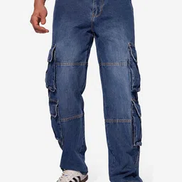 The Souled Store Men Relaxed Fit Light Fade Stretchable Cargo Jeans-image-47