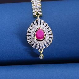 Yellow Chimes Women Gold-Plated American Diamond Pink & White Studded Handcrafted Maang Tikka-13