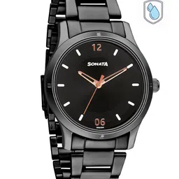 Sonata Women Black Brass Dial & Black Stainless Steel Bracelet Style Straps Analogue Watch 8183NM02-33