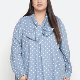 Oxolloxo Plus Size Blue & White Polka Dot Print Tie-Up Neck Crepe Shirt Style Top-picture-10