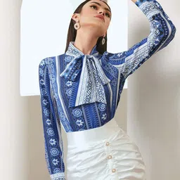 Kotty Print Tie-Up Neck Crepe Shirt Style Top-image-27