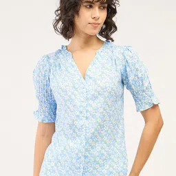 SALT ATTIRE Floral Printed Mandarin Collar Puff Sleeve Shirt Style Top-picture-18