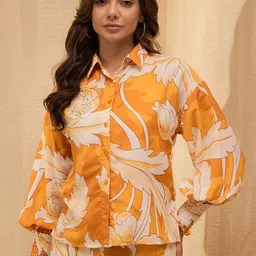 Marie Claire Mustard Yellow Floral Print Puff Sleeves Shirt Style Top-image-59