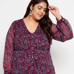 wild U Burgundy Floral Print Chiffon Shirt Style Top-image-13