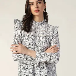 Beatnik Polka Dots Printed High Neck Cuffed Sleeves Gathered Top-image-98