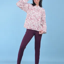 Crimsoune Club Floral Print Cotton Mandarin Collar Puff Sleeves Shirt Style Casual Top-picture-23