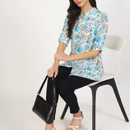 KALINI Floral Printed Mandarin Collar Roll-Up Sleeves Shirt Style Top-image-39
