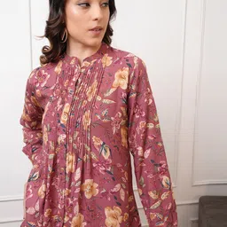 Vishudh Brown Floral Print Mandarin Collar Shirt Style Casual Top-picture-37