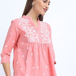 Vishudh Pink Floral Mandarin Collar Floral Printed Top-21