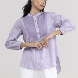 Pink Fort Women White Striped Mandarin Collar Shirt Style Top-image-96