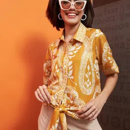 Athena Immutable Floral Printed Linen Shirt Style Top With Waist Tie-Ups detail-image-34