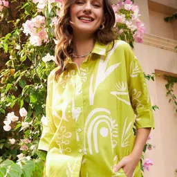 Athena Lime Green Floral Printed Linen Shirt Style Top-picture-40