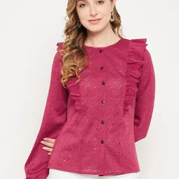 Imfashini Self Design Schiffli Shirt Style Ruffle Top-43