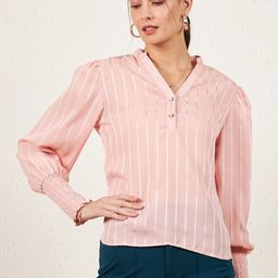 Marie Claire Striped Mandarin Collar Smocked Cuff Sleeves Shirt Style Satin Top-image-14