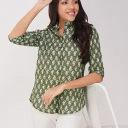 KALINI Ethnic Motifs Print Mandarin Collar Cotton Shirt Style Top-25