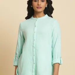 W Mandarin Collar Roll Up Sleeves Cotton Shirt Style Top-image-35