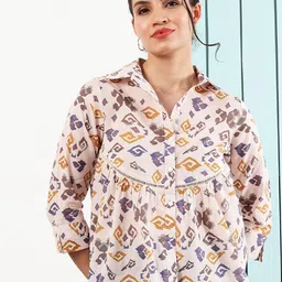 Boho By Athena Women Abstract Printed Shirt Collar Lace Inserts Cotton Shirt Style Top-image-3