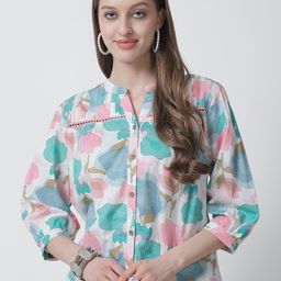 Feel Clath WomenFloral Print Mandarin Collar Organic Cotton Shirt Style Top-image-26