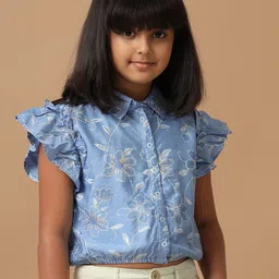 UNDER FOURTEEN ONLY Girls Floral Printed Flutter Sleeve Cotton Shirt Style Top-picture-13