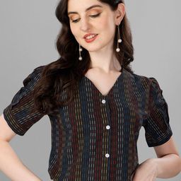 Kinjo Striped Puff Sleeve Shirt Style Cotton Top-image-81