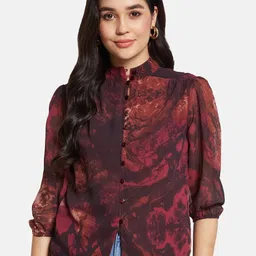 METTLE Floral Print Mandarin Collar Puff Sleeve Cotton Shirt Style Top-picture-2