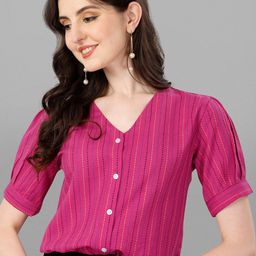 Kinjo Striped Puff Sleeve Shirt Style Cotton Top-image-9