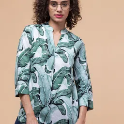 Hive91 Tropical Printed Mandarin Collar Cotton Top-36