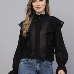 aayu High Neck Sheer Ruffles Georgette Shirt Style Top-34