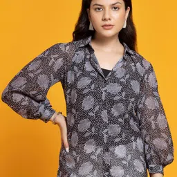 OCTICS Floral Print Shirt Collar Cuff Sleeve Georgette Shirt Style Top-31