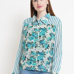 Purple State Floral Print Cuffed Sleeves Georgette Shirt Style Top-image-69