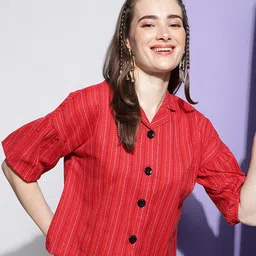 DressBerry Red Striped Puff Sleeve Cotton Shirt Style Top-image-77