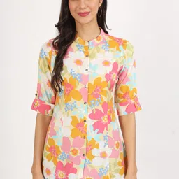 Divena Floral Printed Mandarin Collar Shirt Style Top-image-93