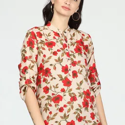 IDK Beige & Red Floral Print Mandarin Collar Roll-Up Sleeves Shirt Style Top-image-49