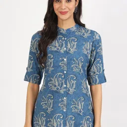 Divena Floral Printed Mandarin Collar Roll-Up Sleeves Shirt Style Top-image-70