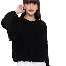 Amagyaa Self Design Puff Sleeves Dobby Shirt Style Top-image-6