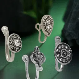 OOMPH 4Pcs Silver-Plated Oxidised Stone Studded Nosepin-28