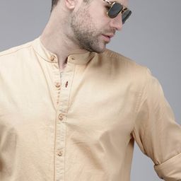 Roadster Men Beige Solid Mandarin Collar Pure Cotton Sustainable Casual Shirt-image-38