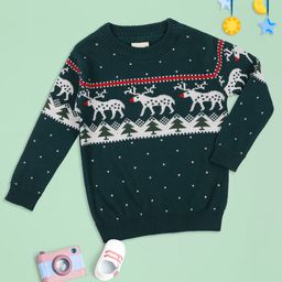 MeeMee Kids Green & White Printed Wool Round Neck Pullover-37
