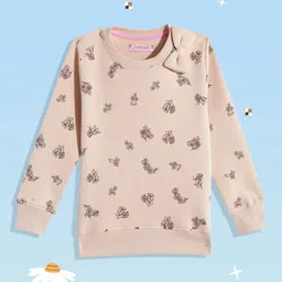 White Snow Girls Beige & Coffee Brown Floral Printed Bow Detail Sweatshirt-image-24