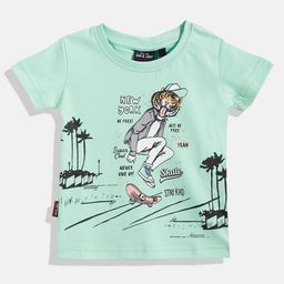 Gini and Jony Infant Boys Sea Green & Black Printed Pure Cotton T-shirt-image-97