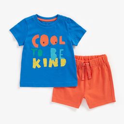 mothercare Infant Boys Blue & Coral Orange Printed Pure Cotton T-shirt with Shorts-image-60